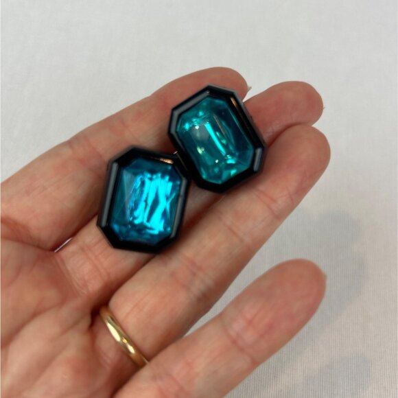 Octagon Stud Earrings Teal Plastic Gemstones Black Enamel Frame - Picture 7 of 8